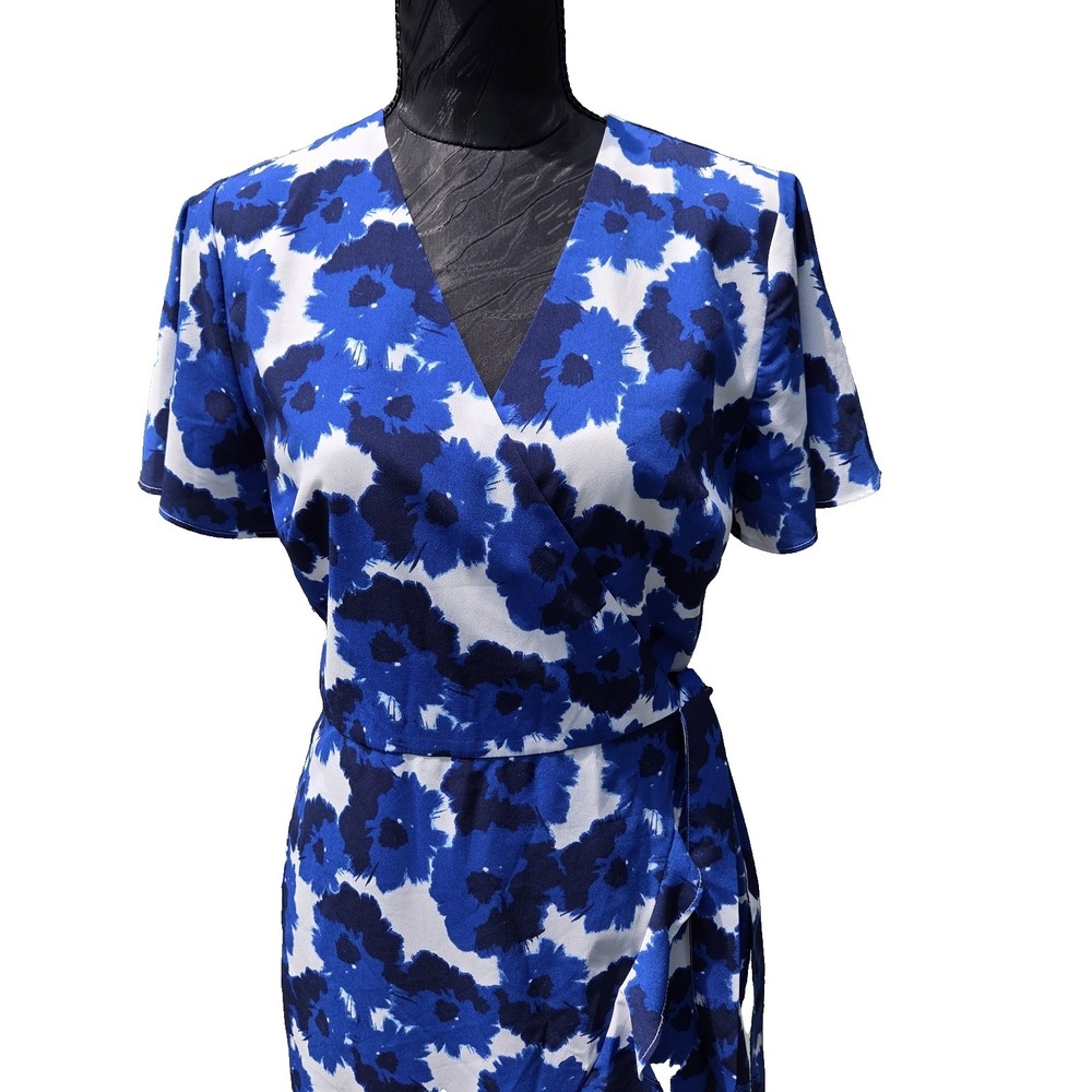 Banana Republic Womens‎ Blue Navy Floral Casual True Wrap Dress Sz 4 Ruffle Hem